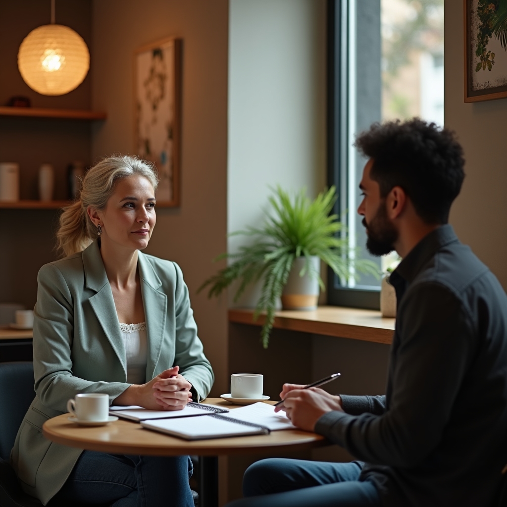 Coaching-Gespräch zwischen zwei Personen an einem Tisch