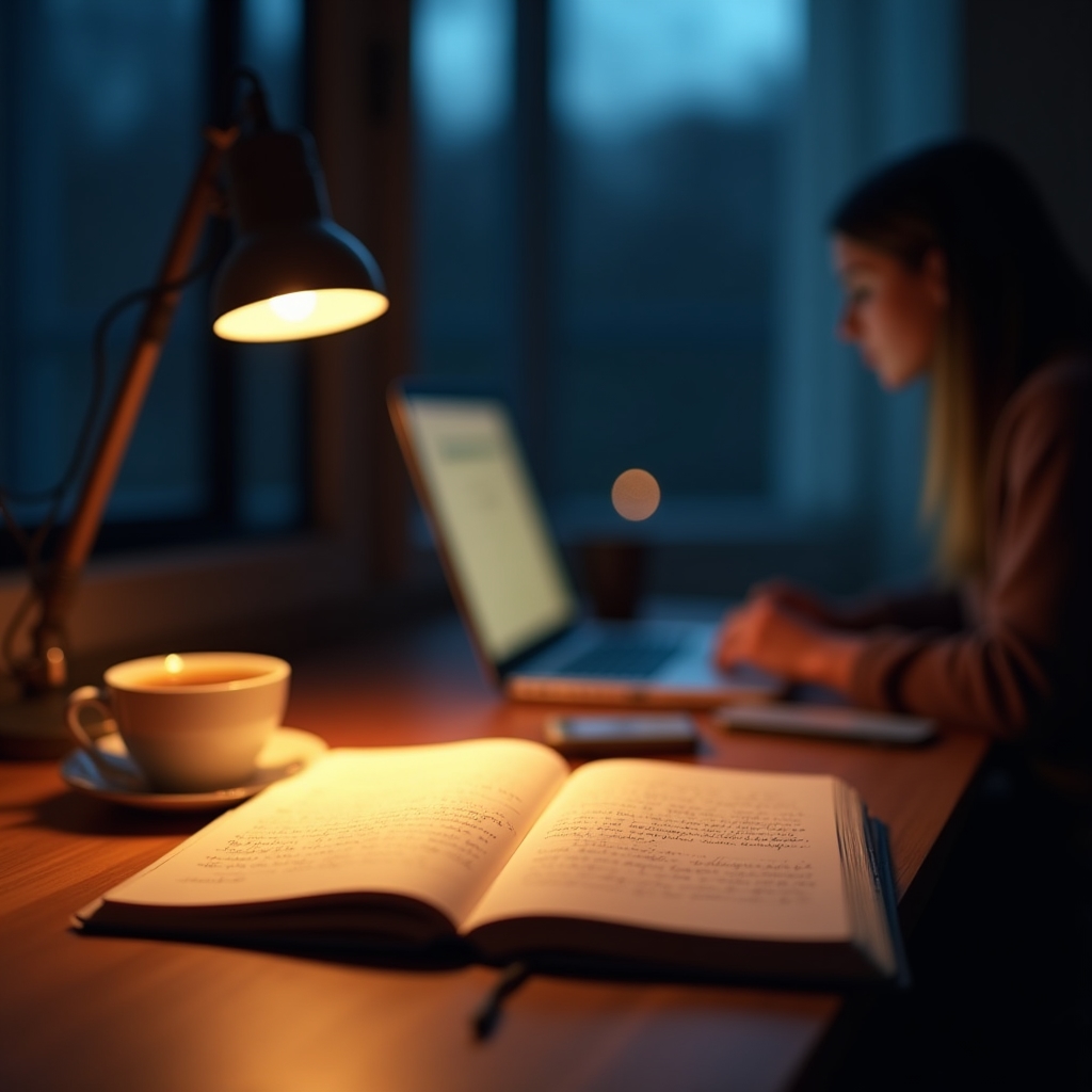 Konzentrierte Arbeit am Schreibtisch am Abend