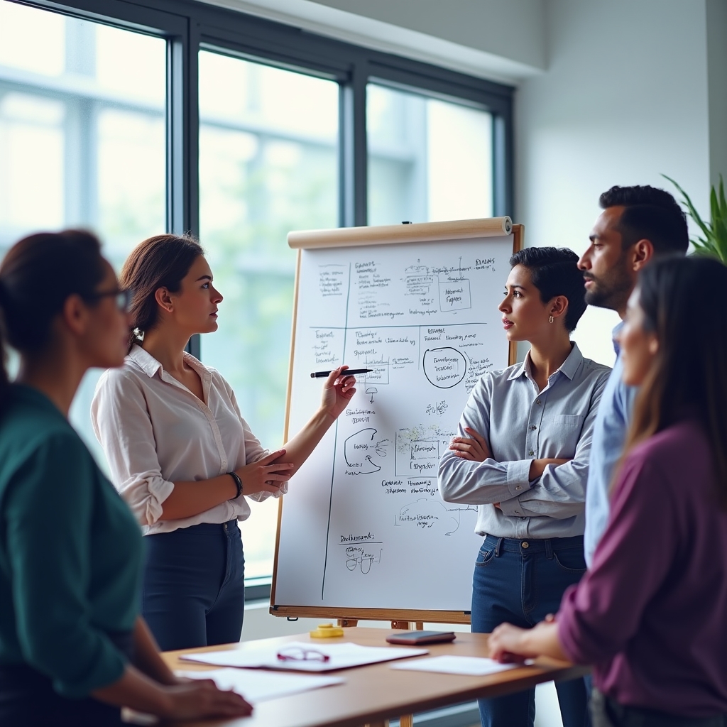 Gruppe arbeitet gemeinsam an einem Flipchart in einem Workshop